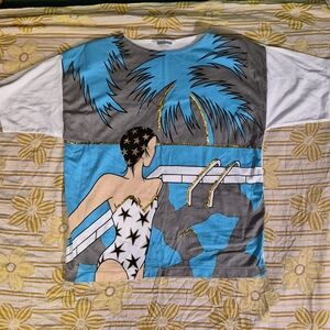 Graphic Palm-Print Short Sleeve Tee in Blue and White